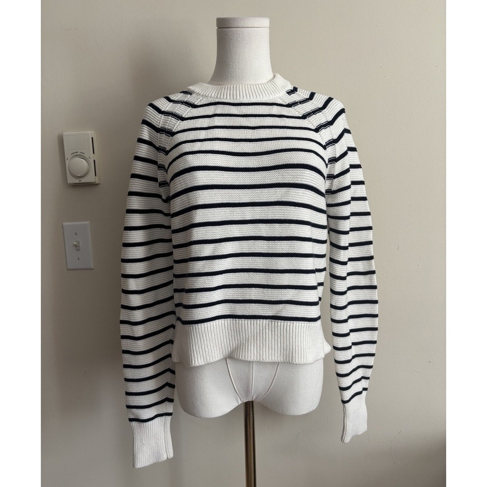 French Connection XS Crewneck Pullover Sweater Cream Navy Cotton Nautical Chic
